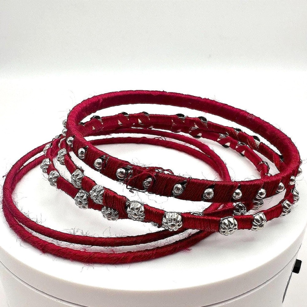 Vintage 90s Red Thread Wrapped SilverTone Bangle Bracelet Set Beads Boho Jewelry